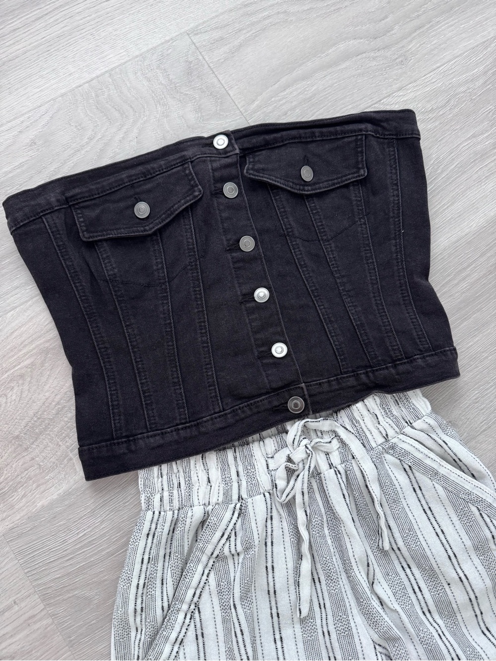 Black Strapless Button-Front Denim Bodysuit